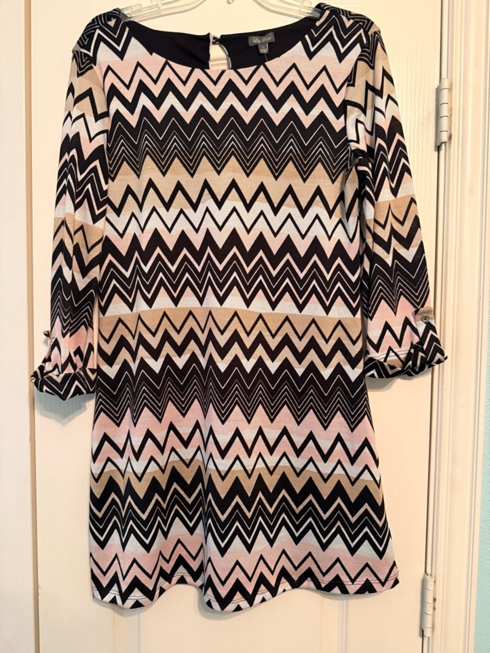 Lily Rose Chevron Knit Dress in Black, Pink & Tan